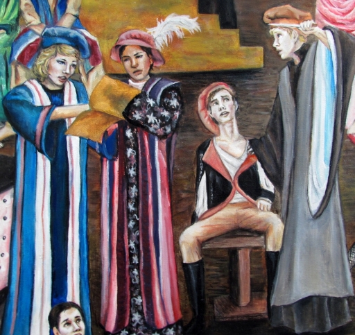 Here's a scene from the Merchant of Venice, with my friends Alana as Portia, Alejandra as Nerissa, Royce as Antonio, and Craig as Shylock. (I actually posted one of the exact pictures I used for reference of this--the one of Portia--a few posts ago in the "Just in the Ensemble" Post.)